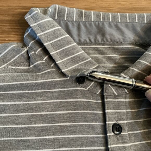 Lululemon Polo Shirt Mens Size M  Gray Striped Button Down Collar Curved Hem - Picture 10 of 10